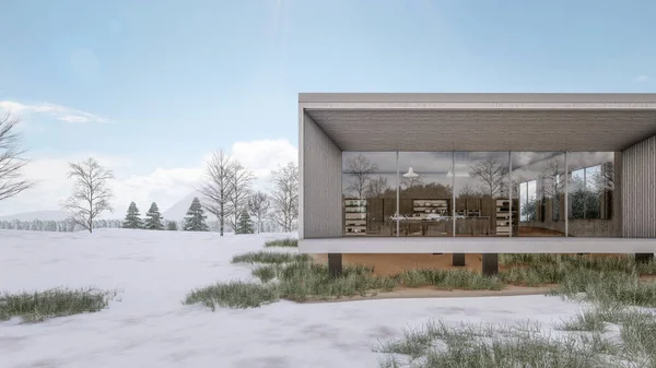 Визуализация Современного Дома Снежным Ландшафтом — стоковое фото