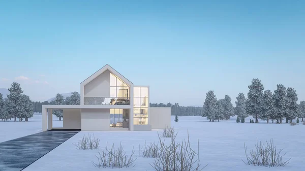 Визуализация Современного Дома Снежным Ландшафтом — стоковое фото
