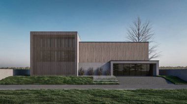 Modern evin doğal manzaralı 3D çizimi