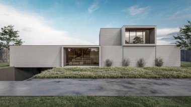 Modern evin doğal manzaralı 3D çizimi