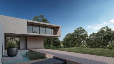 Modern evin doğal manzaralı 3D çizimi