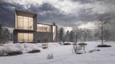 Kar manzaralı modern evin 3 boyutlu çizimi