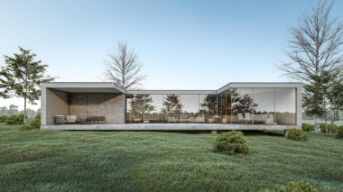 Modern evin doğal manzaralı 3D çizimi