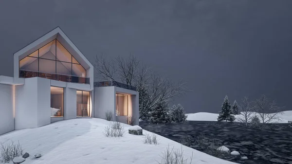 Rendering Illustration Modern House Snow Landscape — Zdjęcie stockowe