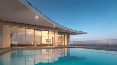 Modern evin yüzme havuzlu 3D çizimi