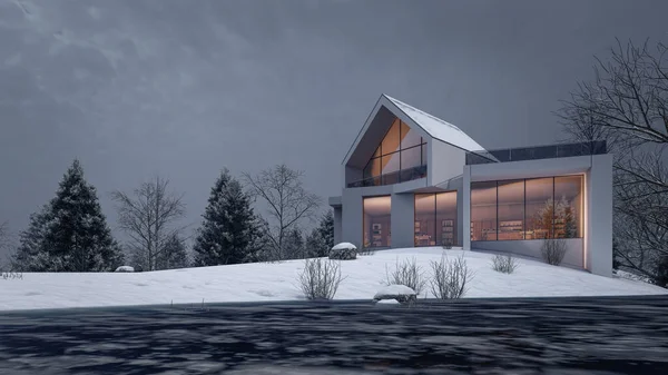 Rendering Illustration Modern House Snow Landscape — Zdjęcie stockowe