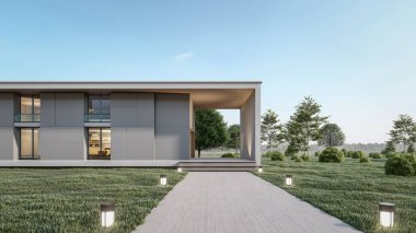 3d rendering illustration of modern minimal house with a lawn playground and walkway