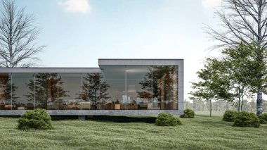 3d rendering illustration of modern minimal house design on slope terrain with natural view 