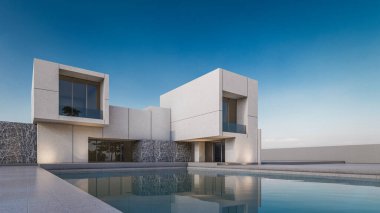 3d rendering illustration of modern minimal house with a flip house reflection in swimming pool