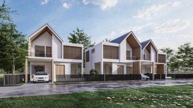 3D rendering illustration of modern minimal house with garage and natural scenery background 