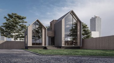 3d rendering illustration of a modern minimal house with staircase at entrance door with natural view surrounding