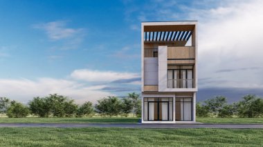 3d rendering illustration of a three-story modern vertical rectangle minimal house with natural view