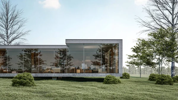 Rendering Illustration Modern Minimal House Design Slope Terrain Natural View — Stockfoto