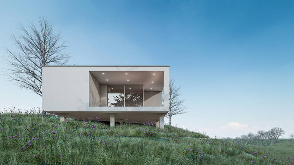 3d rendering illustration of modern minimal house design on slope terrain with natural view 