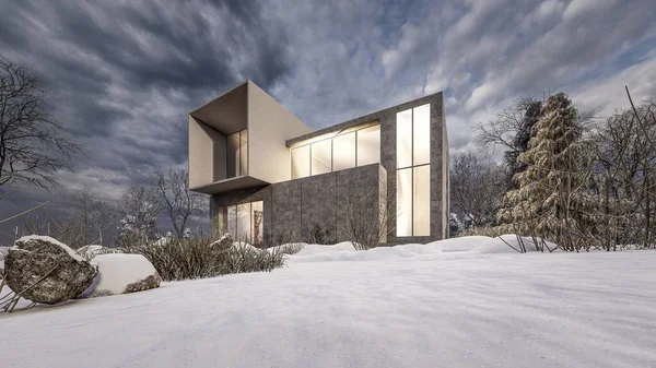 Rendering Illustration Modern Minimal House Sloping Snow Terrain — стоковое фото