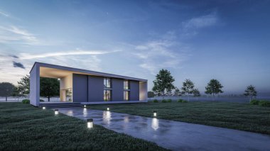 Doğal manzarası, yürüyüş yolu ve merdivenleri olan modern asgari evin üç boyutlu çizimi.  