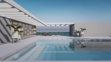 Architectural 3D Animation of Modern Minimal House With Sunbathing Bed Sea View 