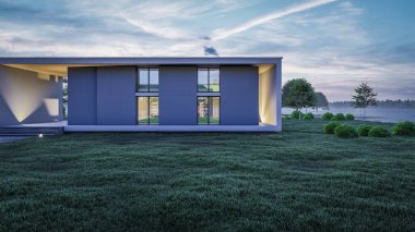 3d rendering illustration of modern minimal house with a lawn playground and natural view 