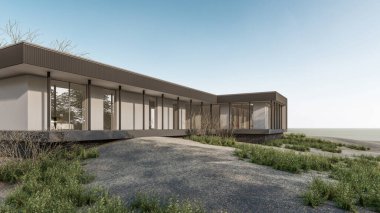 3d rendering illustration of modern minimal house with a lawn playground and natural view 