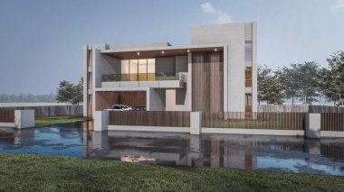 3d rendering illustration of a modern minimal house with garage, natural playground and fence on raining day