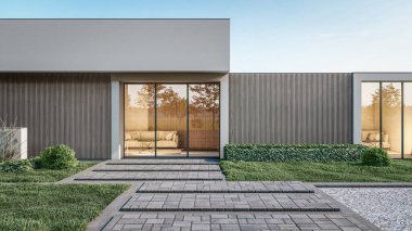 3d rendering illustration of modern minimal house with a concrete walkway and natural playground 