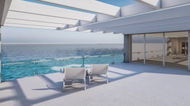 Architectural 3D Animation of Modern Minimal House With Sunbathing Bed Sea View 