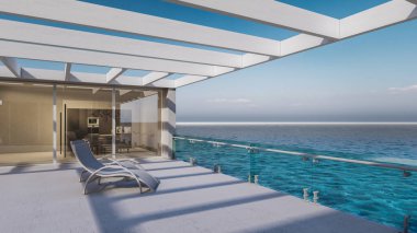 Güneş banyosu ve deniz manzaralı Modern Minimal House 'un Mimari 3D animasyonu 