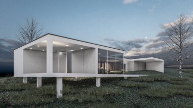 Mimari 3D, doğal eğimli bir arazi üzerine inşa edilmiş modern asgari evin tasviri.