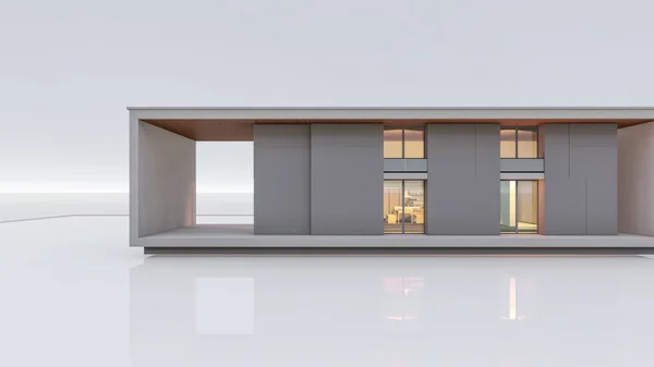 Architectural 3D rendering illustration of modern minimal house on white background and light gloss on ground