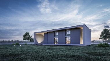 Doğa manzaralı ve yürüyüş yolu olan modern asgari evin 3D çizimi 