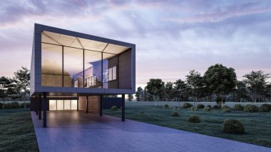 Mimari 3d bir evin altında boş alan olan modern asgari evin tasviri