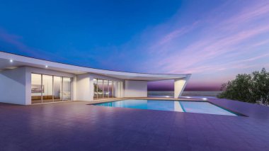 Mimari 3D, şafak vakti yüzme havuzlu modern asgari evin resimlerini çiziyor.