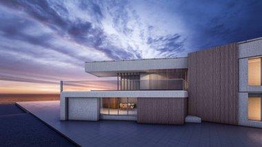 Mimari 3D tasviri, tesis alanı olan modern asgari evin tasviri