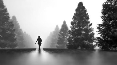 Ormanda tek başına yürüyen bir kadının üç boyutlu çizimi.
