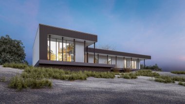 Tepe yamacındaki doğal manzaralı modern ev tasarımının Mimari 3D çizimi