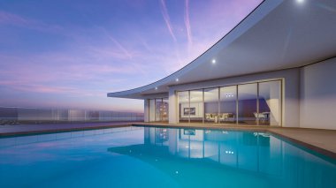 Mimari 3D, yüzme havuzlu modern evin tasviri