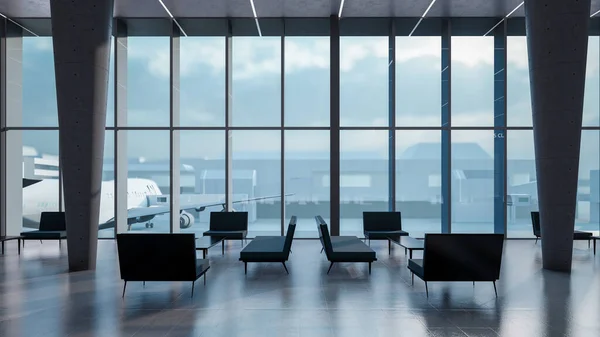 机场航站楼候机区的建筑3D渲染 — 图库照片
