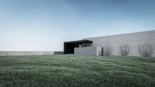 Architectural 3D rendering illustration of modern minimal house with natural landscape