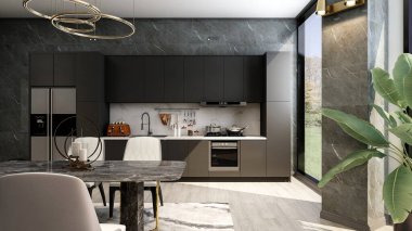 Siyah, modern, şık mutfak odası. Lüks yemek masası ve geniş pencereli, 3 boyutlu. 