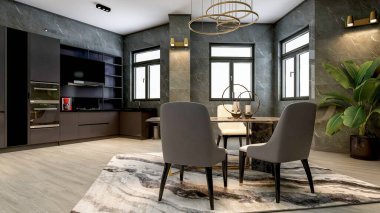 Siyah, modern, şık mutfak odası. Lüks yemek masası ve geniş pencereli, 3 boyutlu. 
