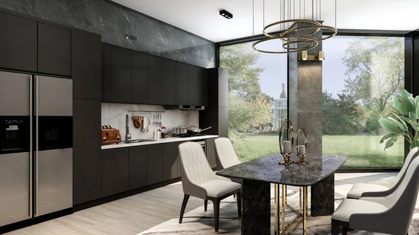 豪華なダイニングテーブルと大きな窓 3Dレンダリングと黒の現代的なスタイリッシュなキッチンルームのインテリア — ストック写真
