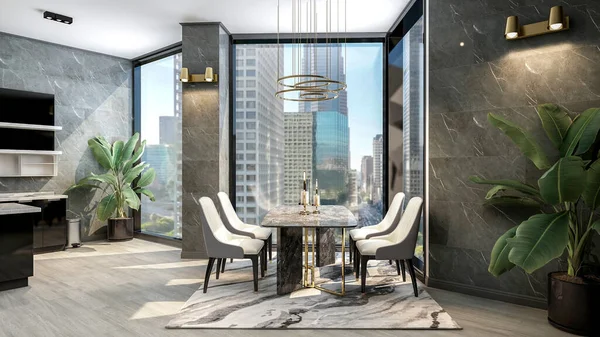 Schwarze Moderne Stilvolle Kücheneinrichtung Mit Luxuriösem Esstisch Und Großem Fenster — Stockfoto