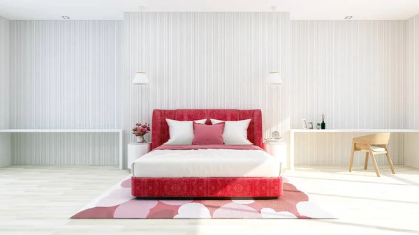 Intérieur Moderne Blanc Chambre Coucher Avec Lit Rouge Tapis Couleur — Photo
