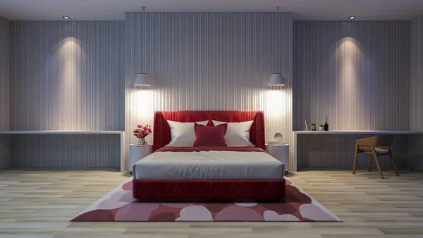 Interior Del Dormitorio Moderno Blanco Con Cama Roja Alfombra Color — Foto de Stock