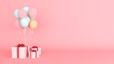 Renkli balon ve hediye kutuları pembe zemin üzerinde metin için kopyalama alanı, 3d oluşturma