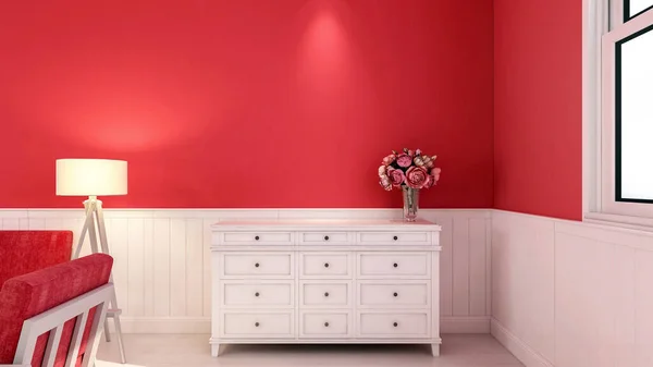 情人节用红色主题的客厅室内 空墙上有复制空间 3D渲染 — 图库照片
