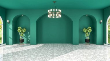 Yeşil kemer duvarlı ve fayanslı, 3D döşemeli büyük boş salon odası.