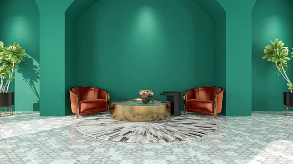 Verde Gran Vestíbulo Sala Interior Con Pared Arco Vacío Blanco — Foto de Stock