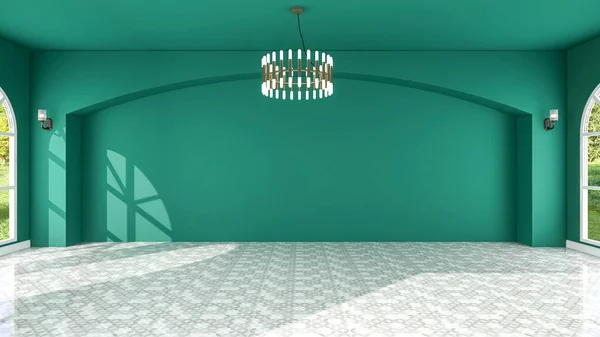 带有绿色空拱门墙和瓷砖地板的大空大厅室内 3D渲染 — 图库照片