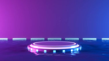 Fütürist bilim kurgu teknolojisi. Ürün sunumu için mavi ve mor ışıklı boş platform kaidesi.